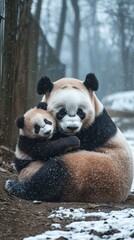 Obraz premium Adorable Panda Mom and Cub Embrace in Snowy Winter Wonderland