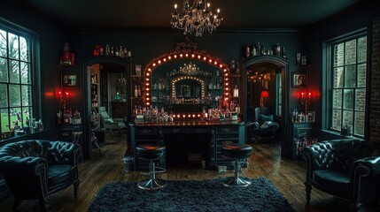 Naklejka premium Dark, elegant vanity room with bar.