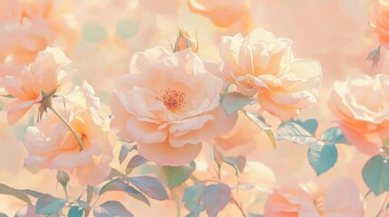 Peach roses blooming in soft sunlight.