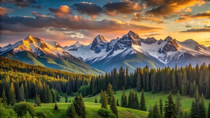 Obraz premium Serene mountain range with snow-capped peaks and lush green forests at sunrise, beauty, nature, beauty, nature, landscape