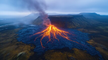 Fototapeta premium Erupting volcano with lava flows at dusk.