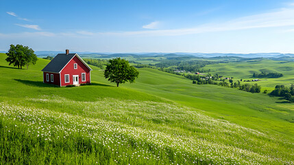 Red house on green hill, sunny farmland vista