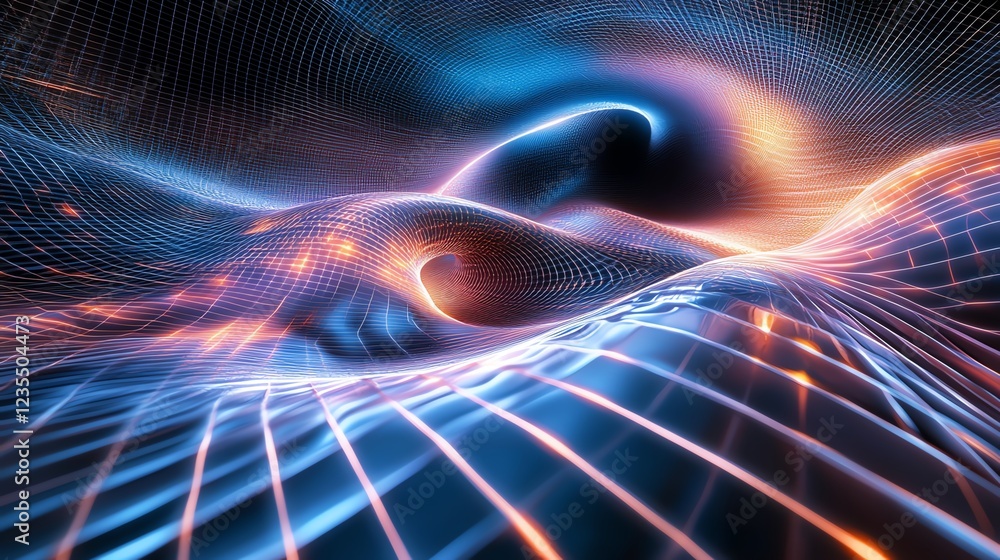 Poster Digital Abstract Representation of Waves and Light Patterns in a Virtual Environment Created in a Dark Cosmos