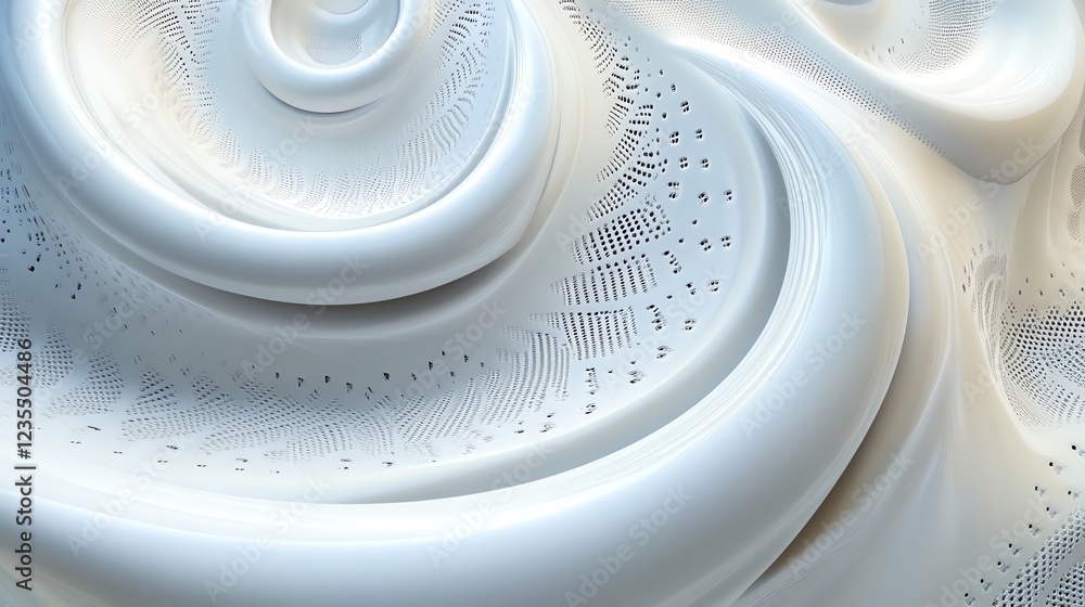 Poster swirling white patterns create an abstract design with intricate details resembling fluid motion in 
