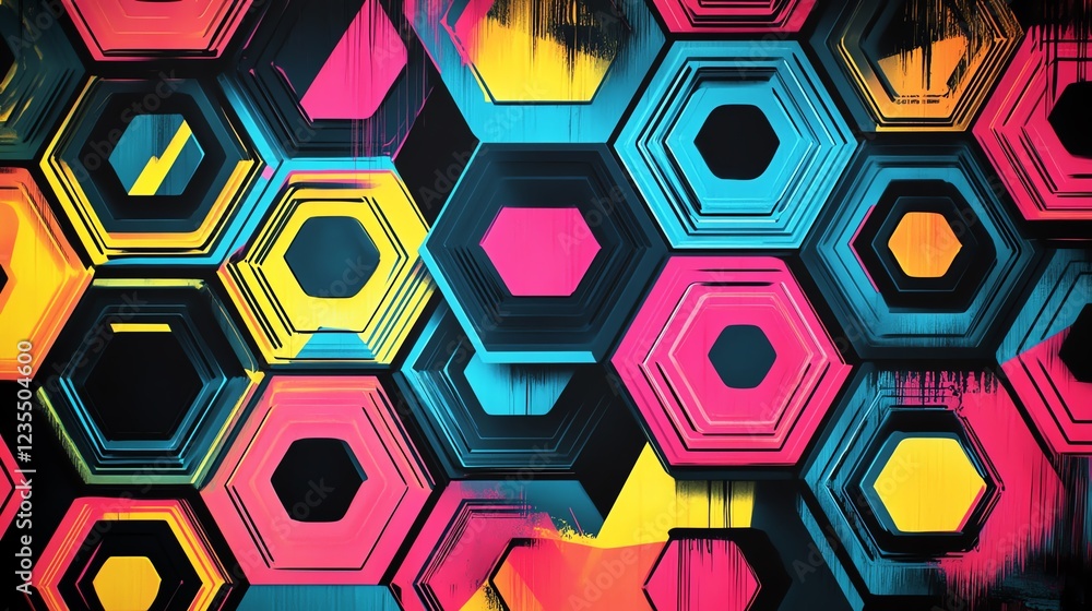 Poster colorful hexagonal patterns with vibrant blue, pink, yellow, and black shapes creating a dynamic vis