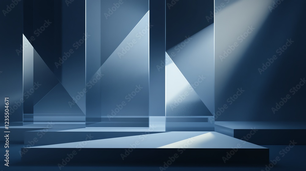 Poster light beams illuminate geometric shapes in a modern space with shadows and reflections during twilig
