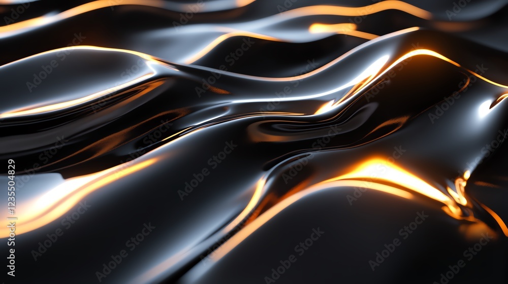 Poster waves of glossy black material illuminated by soft warm light create a striking visual effect in a s