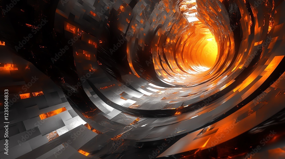 Poster exploration of an abstract tunnel illuminated by fiery orange light with metallic textures