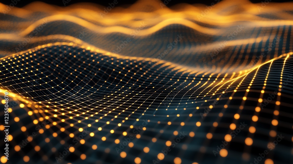 Poster dynamic wave patterns created by glowing dots in a dark digital environment