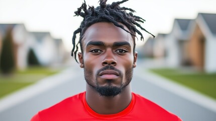 Close-up portrait of a young man with short dreadlocks and a beard, wearing a red athletic shirt, standing on a suburban street with houses in the background.