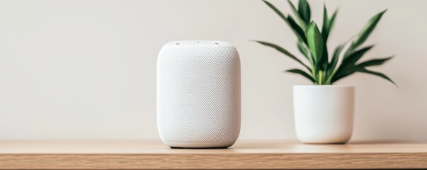 Modern Smart Speaker on Wooden Table with Plant