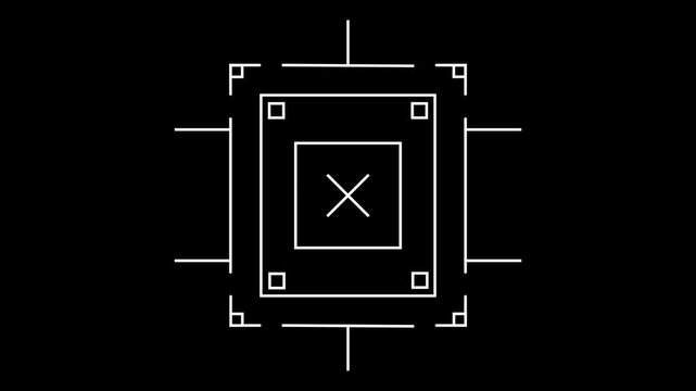 Loop in of formation of square radar display with target in sight in center on a dark background Target searching scope and scanning element theme. Animated radar info graphics