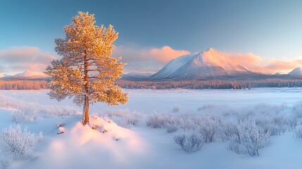 Lone pine, sunrise, snowy mountains, winter landscape, serene nature