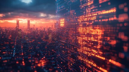 Futuristic city skyline with glowing digital code.