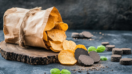 Potato Chip Snacks, A high-fidelity image of black truffle potato chips in a pour, ideal for food-related content and marketing.