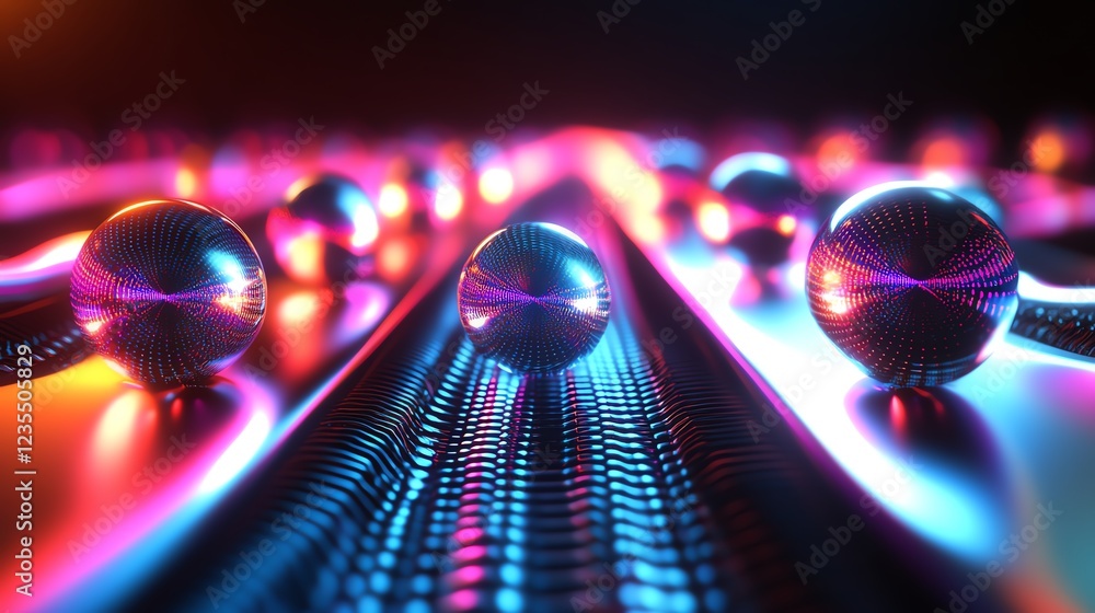 Poster colorful spheres interact with a dynamic surface in a futuristic digital environment filled with vib