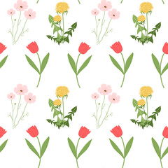 Spring flowers seamless pattern. Cosmos flower, Dandelion, Tulip. Vector flat illustrations. Easter, Spring, Summer flowers. White background