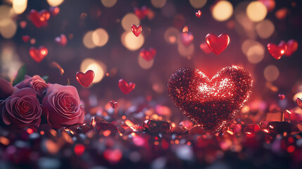 Romantic Scene with Glittering Heart and Roses for Valentine's Day Celebration