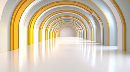 Obraz premium Golden & gray arched hallway; bright, spacious interior; potential background for presentations