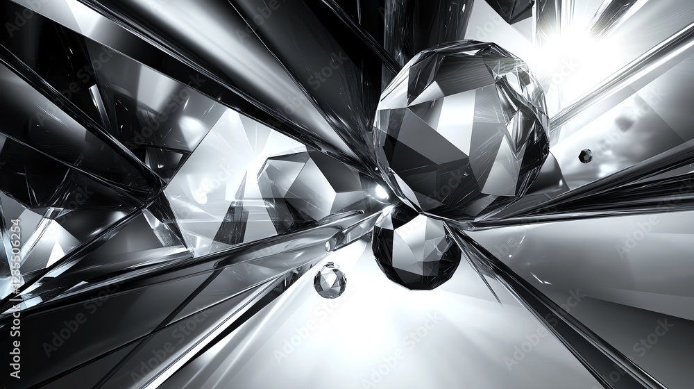 Poster intricate geometric shapes and reflections create a dynamic scene in a black and white crystal envir