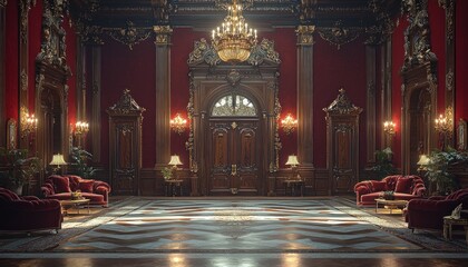 Obraz premium Grand ornate palace interior, red walls, entrance, checkered floor, luxurious furniture