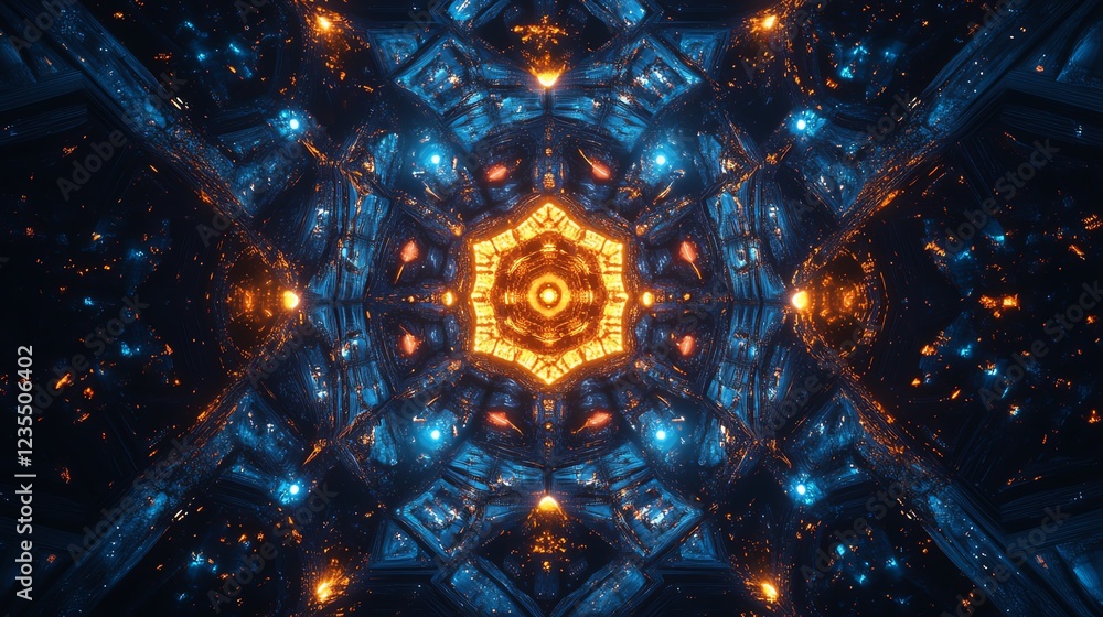 Poster intricate geometric patterns illuminated by vibrant colors in a digital art creation