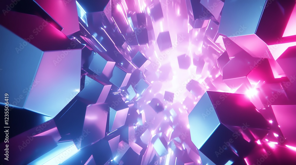 Poster colorful geometric shapes create a dynamic 3d tunnel with vibrant light effects and reflections