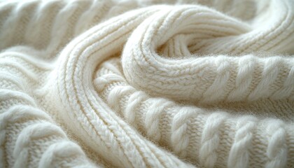 Folded white cable knit sweater texture, close-up, for backgrounds or design