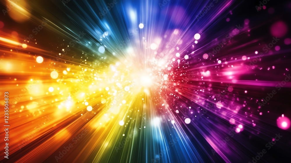 Poster Colorful Abstract Light Burst With Vibrant Rays and Glowing Particles Radiating From the Center in a Dynamic Display