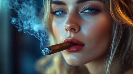 Obraz premium Closeup Dramatic Woman Smoking Cigar Blue Light. AI Generated
