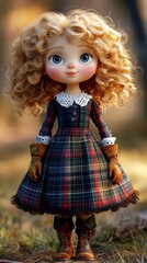 Adorable Curly-Haired Doll in Plaid Dress, Autumnal Setting