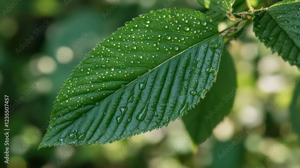 Poster close-up of a dew-covered green leaf with visible veins and water droplets.