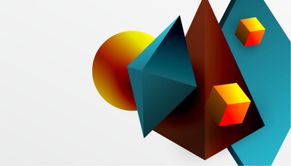 Abstract design showcasing isometric cubes, pyramids, squares, and spheres in a vibrant 3D layout. Modern and dynamic, perfect for tech, design, or futuristic themes