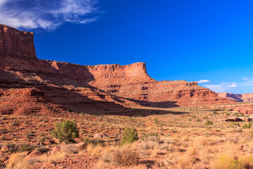 A desert landscape with a blue sky and a mountain in the background