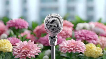 Microphone amidst flowers, city backdrop; event promotion