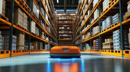 A sophisticated industrial robotics warehouse with autonomous mobile robots (AMRs) navigating shelves to fulfill orders in a smart logistics center, Robotics warehouse scene