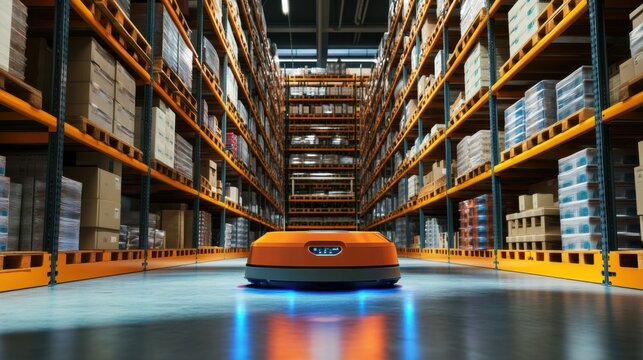 A sophisticated industrial robotics warehouse with autonomous mobile robots (AMRs) navigating shelves to fulfill orders in a smart logistics center, Robotics warehouse scene