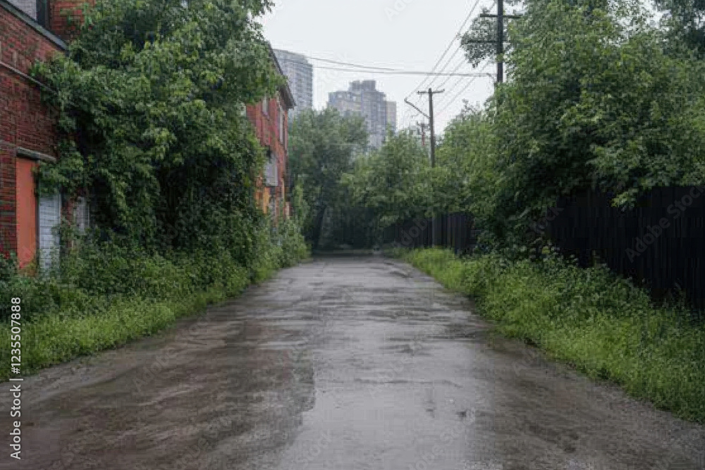 Poster a street with a brick building and a tree in front of it