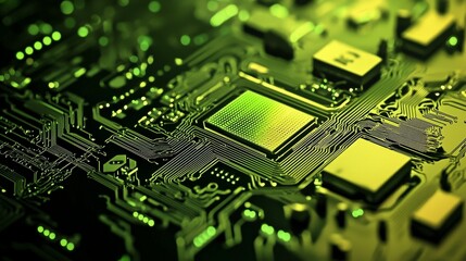 Obraz premium Glowing Green Circuit Board with Microchips and Electronic Components