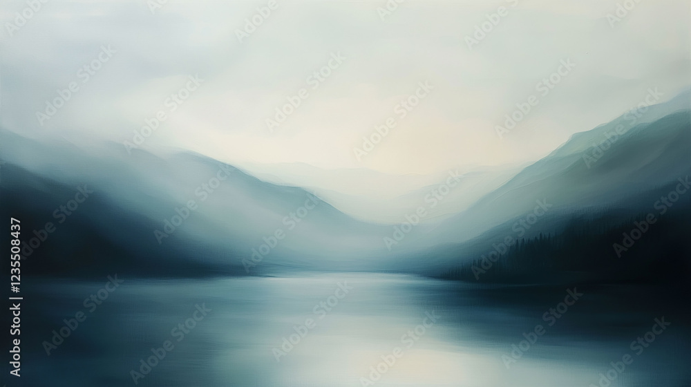 Poster serene landscape with ethereal morning fog hovering over still waters in distant mountains at dawn t