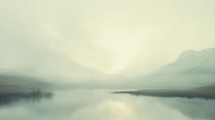 Ethereal Morning Fog Envelops a Tranquil Landscape Reflecting Serene Waters and Distant Mountains. Generative AI