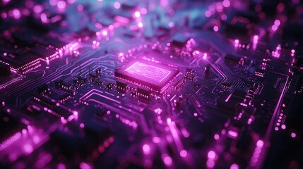 Fototapeta premium Glowing purple circuit board with central processor.