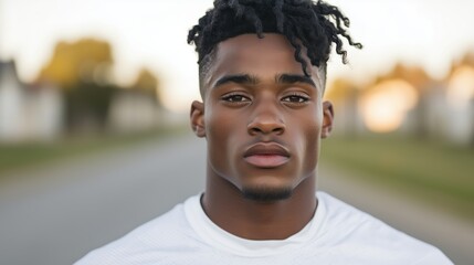 Portrait of a young man with short twisted dreadlocks, wearing a white athletic shirt, standing on a suburban street with a determined expression.
