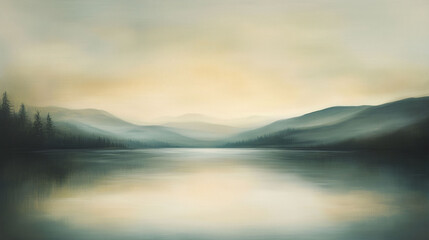 Fototapeta premium Serene Landscape Featuring Ethereal Morning Fog Over Tranquil Water With Distant Hills and Trees. Generative AI