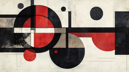 Bold red circles intersect geometric shapes creating a striking abstract composition. AI Generated