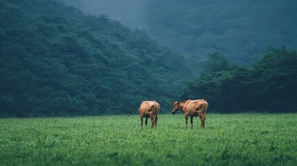 Fototapeta premium Two Brown Cows in Lush Green Pasture with Foggy Hills