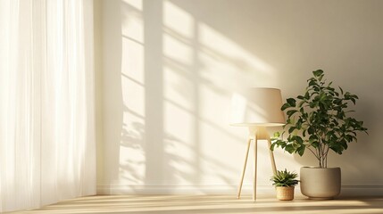 Fototapeta premium Sunlit Room Corner With Plants And Lamp