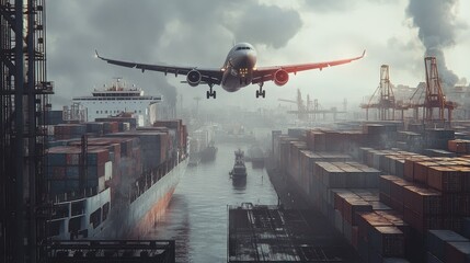 A commercial plane flies through a shipping port full of container ships. 