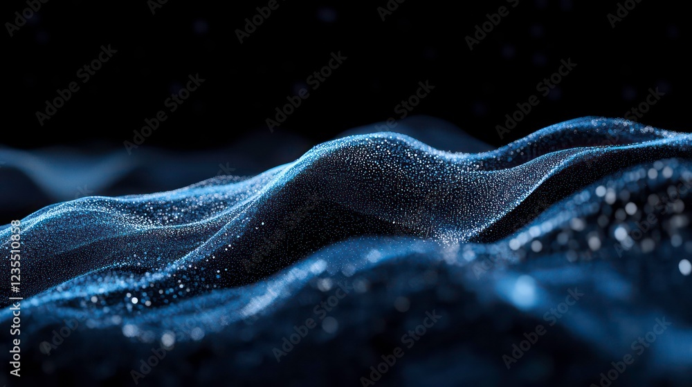 Poster abstract dark blue digital wave pattern, glowing particles, futuristic technology background.