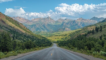 Fototapeta premium Open road through mountain valley, scenic drive, summer landscape, travel background